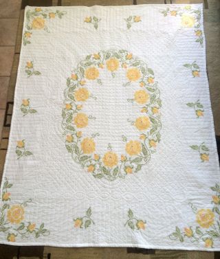 Handmade Cross Stitch Quilt 64 X 80 Single Twin Lap White Yellow Flower Finished