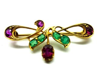 Antique Art Nouveau 18ct Gold Emerald & Ruby Brooch Pin C1900.  F181f