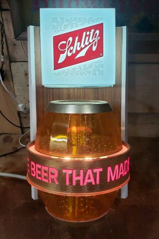 Vintage Lighted 1965 Schlitz Beer Sign Motion Spinning Barrel Wall Sconce Light