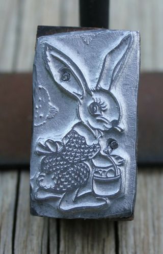 Vintage Letterpress Wooden & Metal Printing Block Cute Easter Bunny Rabbit