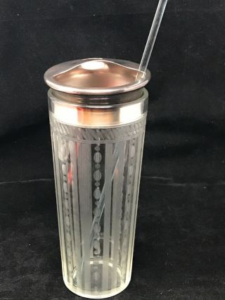 Vtg R Wallace Etched Glass Nickel Silver Top Cocktail Mixer W/ Glass Stirrer