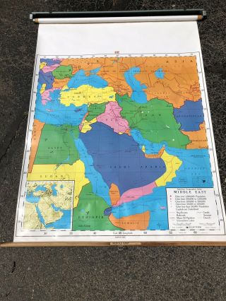Nystrom Pull Down Usa Map Globe School Mcnally Vtg Classroom Wall Middle East