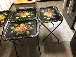 Quaker Maid Set Of 4 Metal Vintage Tv Dinner Trays With Stand Flowers