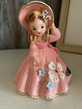 Adorable Vintage Josef Originals Girl In Pink Dress Flowers Figurine