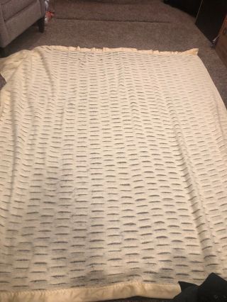 Vtg Acrylic Thermal Waffle Weave Blanket Satin Edge Yellow 88 X 84