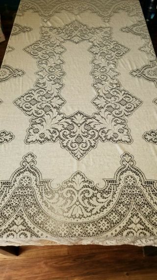 Vintage Lace Tablecloth 90 X 70 Damask Rectangle Beige Cream Cotton Great Cond