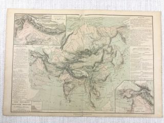 1877 Antique Map Of Asia Physical The Himalayas Hand Coloured 19th Century