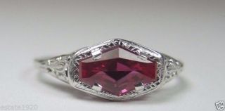 Antique Synthetic Ruby Engagement Ring 18k White Gold Ring Size 8.  5 Art Deco