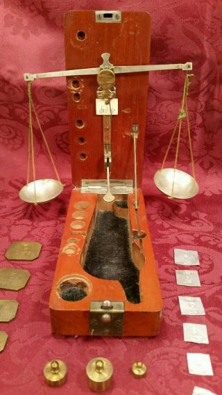 Antique Miniature Jewelers Scale & Weight Set In Wood Box Lampert Germany