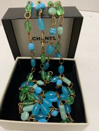 Vintage 80s Chanel Blue Green Gripoix Glass Bead Necklace 64 " Authentic Boxed