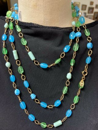 Vintage 80s CHANEL Blue Green GRIPOIX GLASS BEAD NECKLACE 64 