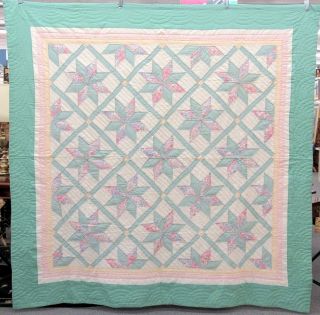 Vintage Hand Made Quilt 8 - Point Star Patchwork Green Cream Pink & Pattern 84x86