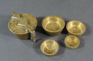 19c.  Antique Victorian English Brass Bronze Stacking Scale Cup Weights Set Marked