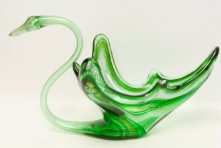 Vintage Green Swirl Glass Swan Console Bowl Murano Art Glass Blown Glass Centerp