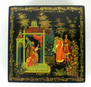 Black Hand Painted Wooden Russian Trinket Box Signed Royalty Scene