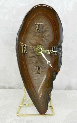 Polished Rock Slab Clock Brown Agate On Gold Stand Desk Clock 8 " X 3 "
