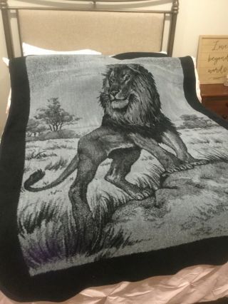 Vintage San Marcos Mexican Reversible Blanket Black Lion Pride Size 88 " X 60”