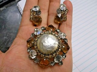 Vintage Schreiner Ny Huge Faux Pearl Rhinestone Brooch Earrings Demi Parure Set
