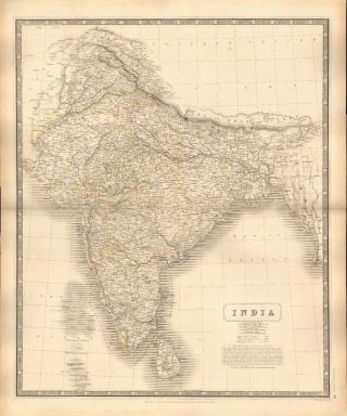 1844 Large Antique Map - Johnston - India,  Distinguishing British Possessions
