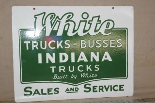 Rare White Truck Buses Indiana 2 - Sided Dealer Porcelain Metal Sign Gas Oil Farm