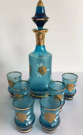 Vintage Italian Blue Glass Decanter And Glasses Set Gold Trim Floral Motif
