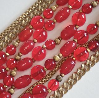 Lush Vintage Miriam Haskell Gold Gilt Chain Red Art Glass Rhinestone Necklace