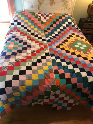 Set Of 2 Twin Vtg Handmade Patchwork Multi - Colored Quilt 3” Squares 48 " X92” 3