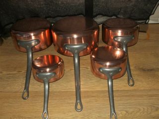 Vintage French Set 5 Copper Cuisine Sauce Pan Tin Lined Metal Handles 2mm