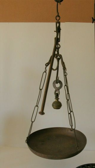 Antique Vintage Brass Hanging Slide Balance Scale W/ Signed Copper Pan