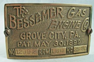 Bessemer Gas Engine Hit & Miss Brass Engine Plate Tag Grove City Pa Belt Buckle