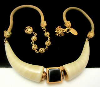 Rare Vintage 16 " Signed Miriam Haskell Goldtone Faux Horn Stone Tribal Necklace
