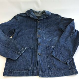 Vintage Wwii Usn Navy Denim Work Utility Shawl Collar Coat Jacket Usa Mens