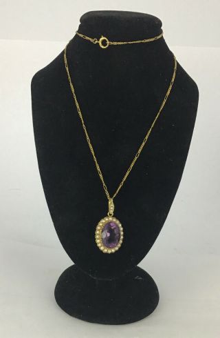15ct Gold Seed Pearl & Large Amethyst Necklace,  9ct Gold Chain