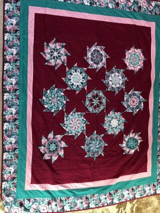 Hand Stitched Pinwheel Patchwork Cotton Quilt 83 X 97 Pink Green Maroon