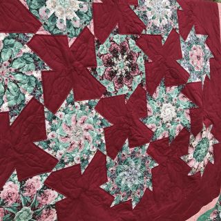 Hand Stitched Pinwheel Patchwork Cotton QUILT 83 x 97 Pink Green Maroon 3
