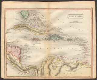 1815 Ca Antique Map - Hand Coloured - West Indies