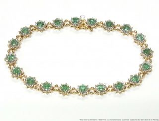 4ct Natural Emerald Diamond 14k Gold Bracelet Vintage Flower Cluster Tennis Line