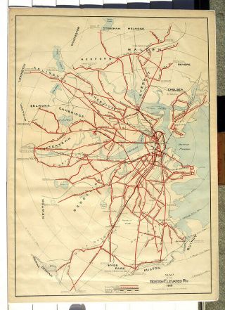 1915 Rare Large Boston Elevated Railway Map Poster Railroad Subway Train Mbta
