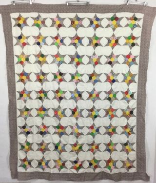 Vtg Grandmothers Flower Garden Star Hand Stitched Scrappy Calico Quilt Top 72x92