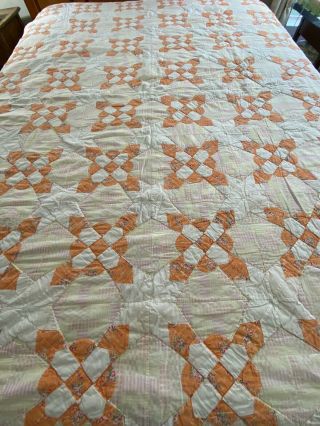 Fabulous In Orange Vintage Handmade Hand Quilted Nine Patch Star Quilt 65 " X 85 "