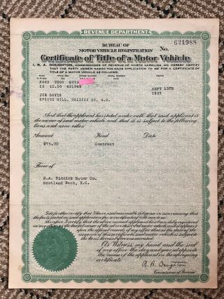 1922 1923 Ford T Touring Certificate Of Title North Carolina Reg Historic Only