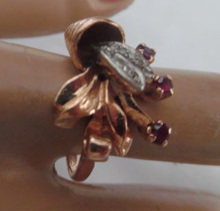Art Deco 14kt Rose Gold Ring W,  Diamonds & Rubies Size 7