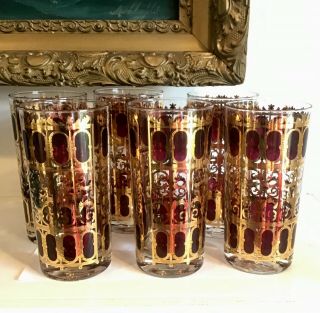 6 Vintage Culver 22kt Gold Scroll Cranberry Red Glasses Tumblers