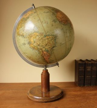 Large Antique Terrestrial World Desk Globe On Art Deco Compass Base.  Vintage