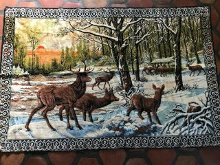 Vintage Made In Italy 46” X 72” Deer Stag Fawn Reindeers Tapestry Velvet Forest