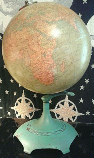 Antique 1928 Hammond 12 " Terrestrial Globe Table Cast Iron Aquamarine Art Deco