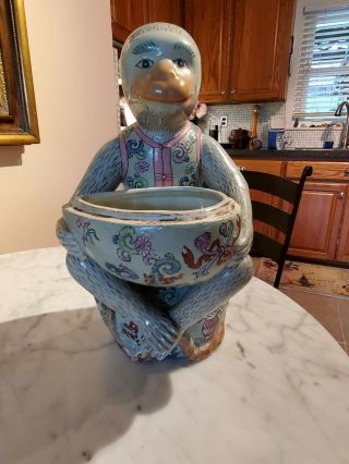 Chinese Porcelain Monkey Holding An Egg On His Lap 14 Inches Tall