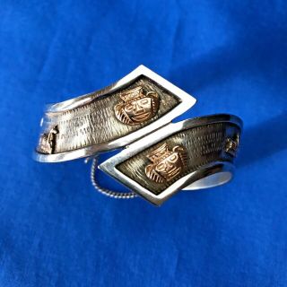 Vintage Peruvian Sterling Silver & 18k Gold Cuff Bracelet With Safety Chain