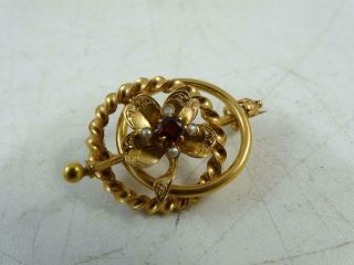 Antique Victorian 18k Solid Yellow Gold Seed Pearl Ruby Gemstone Pin Brooch Vtg