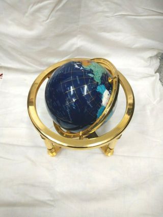 15” Blue Semi Precious Gemstone World Globe On Stand Large 985